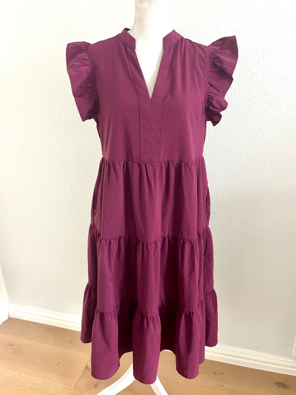 entro Magenta Tiered V-Neck Ruffle Sleeve Midi Dress
